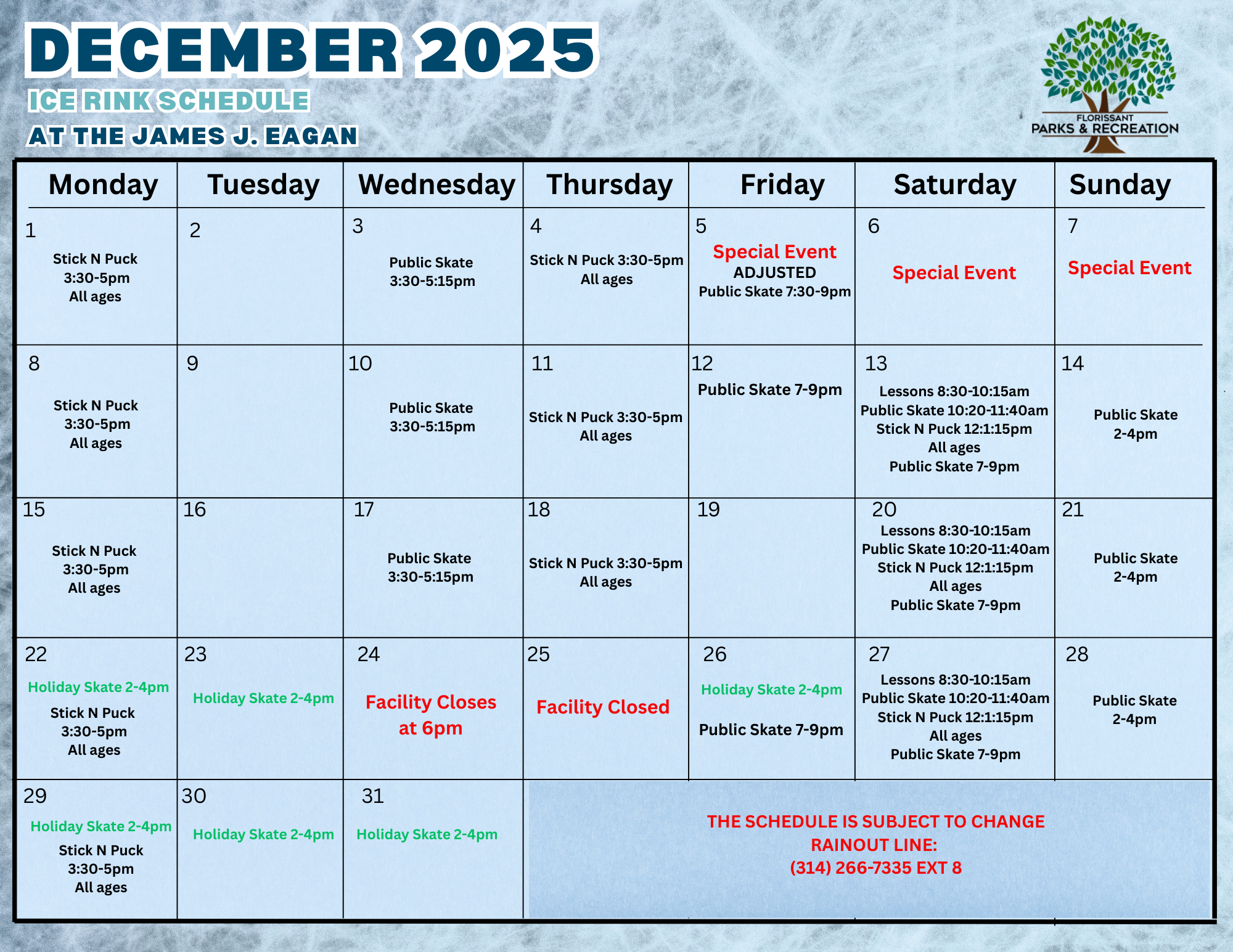 december ice schedule 